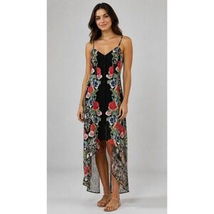 Guess Floral Paisley High Low‎ Button Down Maxi Dress Womens Small Black NWT